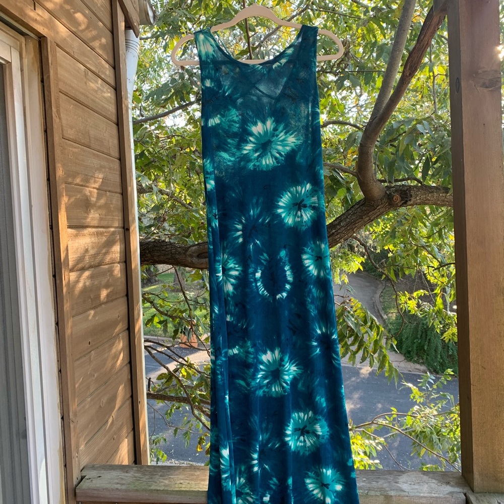 Vintage 90s Blue Tie Dye Maxi Sleeveless Dress